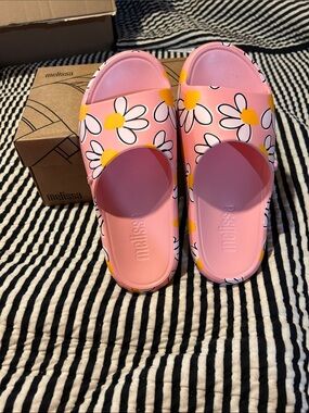 Melissa Pink Slide Sandals with Yellow Daisy Accents